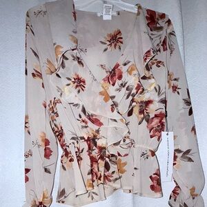Floral Ruffle Blouse - Cream and Brown
